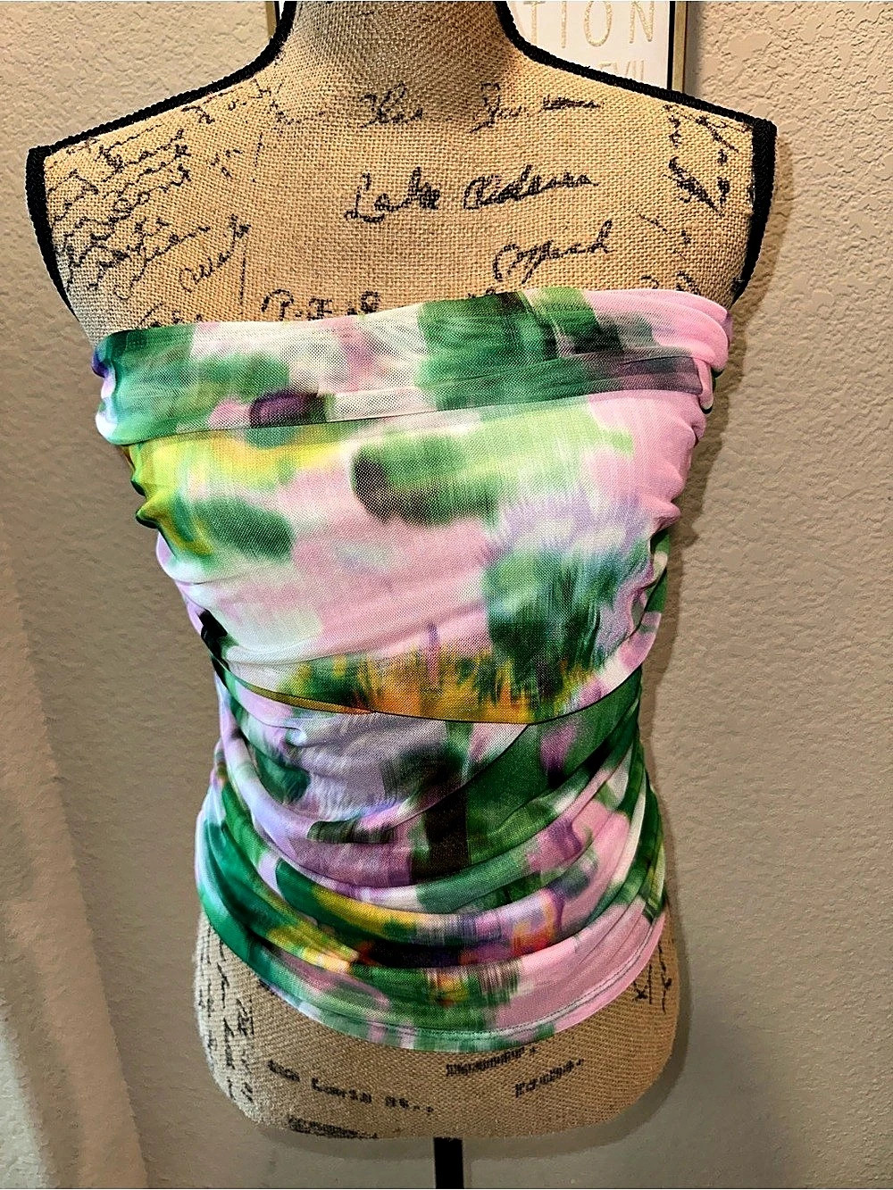Zara Tie-Dye Abstract Large Ruched Mesh Festival Strapless Tube Top Pink & Green